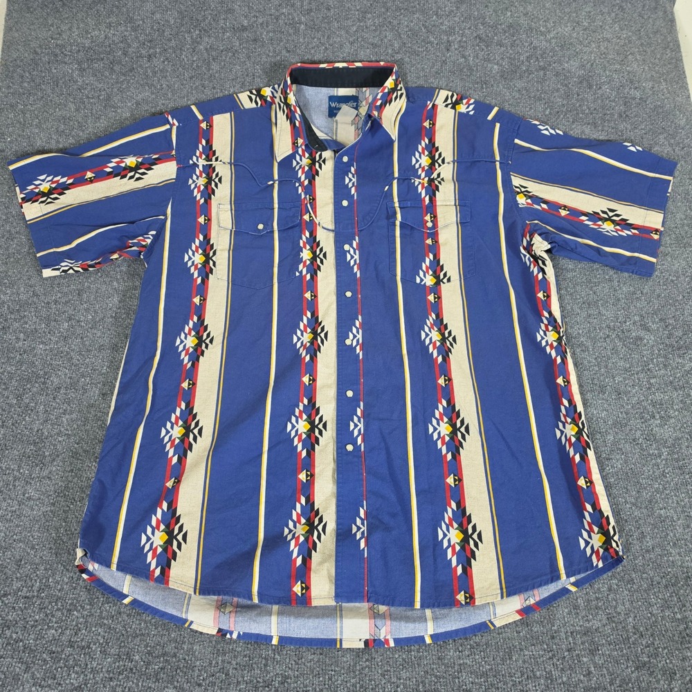 Wrangler Western Shirt Mens Blue Aztec Southwestern Stripe Pearl Snap Size XL